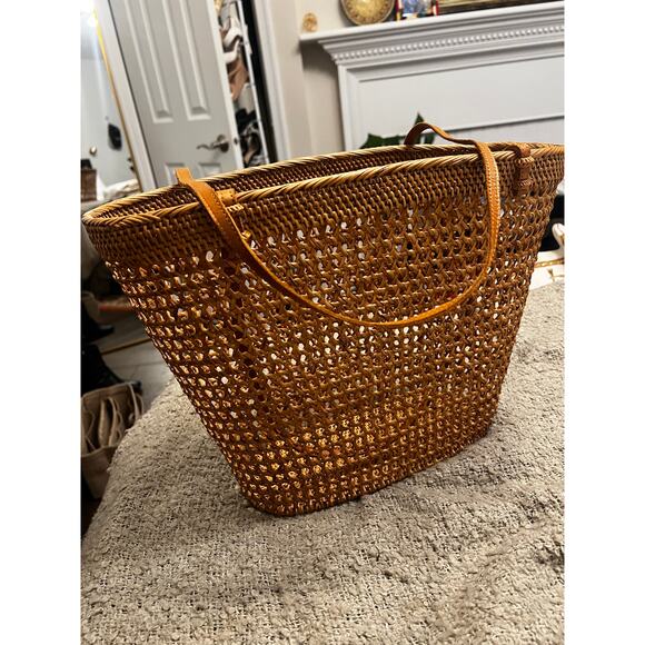 NWT Bembien Women's Brown Raffia Leather Trim Dual Shoulder Straps Tote Bag - Picture 5 of 6